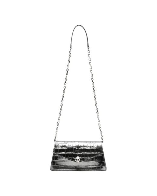 McQueen White Mini Skull Croc-Effect Shoulder Bag