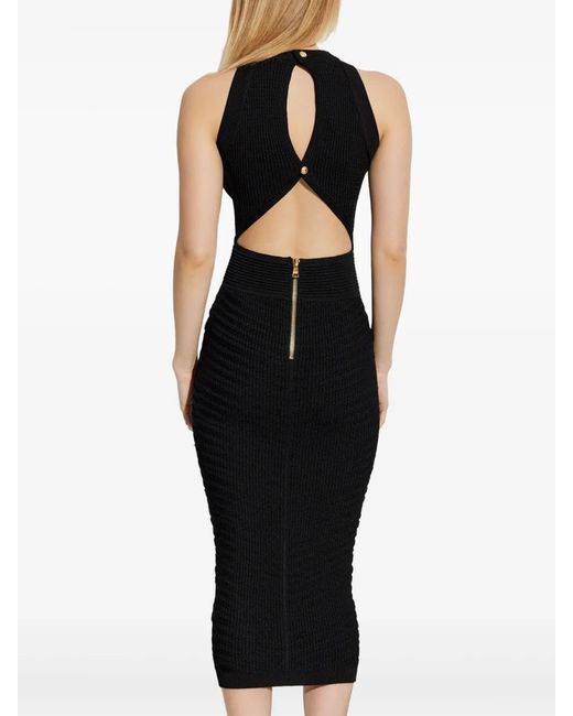 Balmain Black Ribbed Bodycon Midi Dress