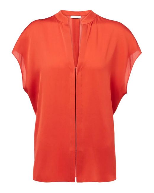 Vince Red Cap-Sleeve Placket Blouse