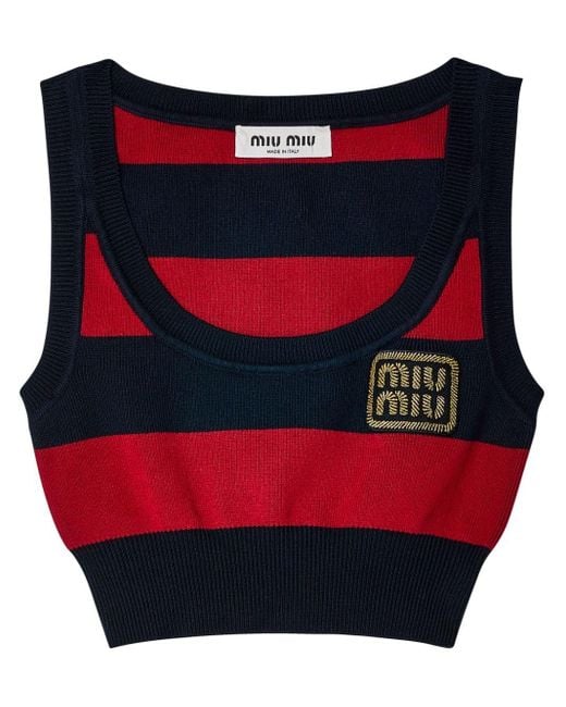 Miu Miu Red Logo-appliqué Striped Knit Top