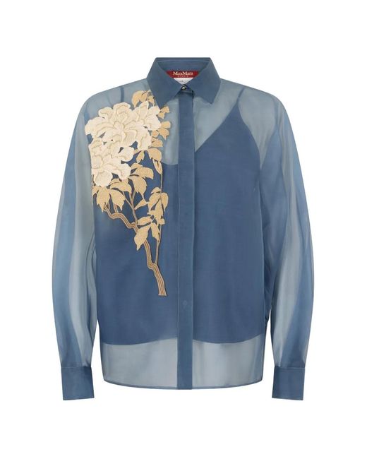 Max Mara Blue Floral-Embroidered Sheer Blouse