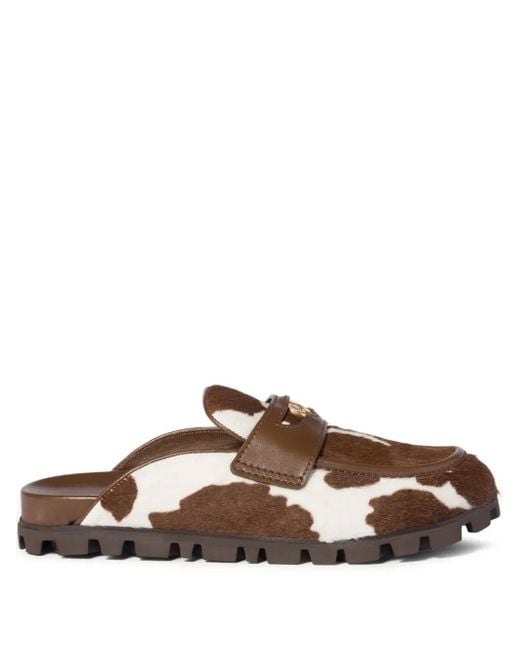 Miu Miu Brown Band Logo-Coin Calf Hair Mules