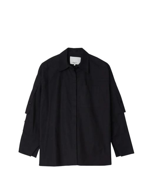 3.1 Phillip Lim Black Convertible-Sleeve Drop-Back Cotton Shirt