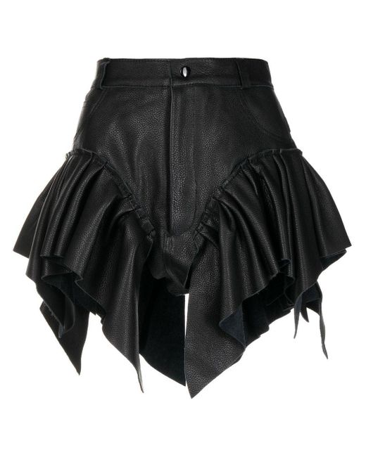 Natasha Zinko Black Leather Ruffled Mini Shorts
