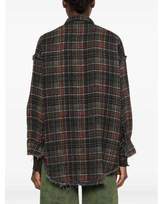 R13 Gray Plaid-Check Distressed-Effect Reversible Cotton Shirt