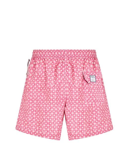 Fedeli Pink Geometric-Pattern Drawstring Swim Shorts for men