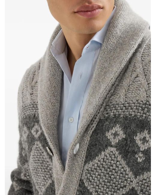 Brunello Cucinelli Gray Virgin-Wool, Silk And Cashmere Chiné Cable-Knit Cardigan With Intarsia for men