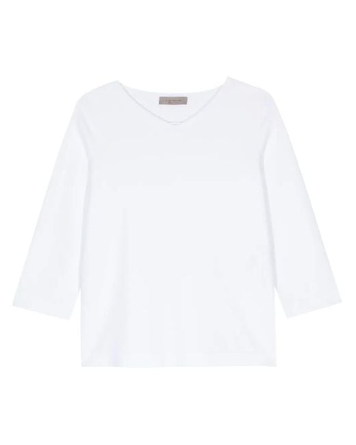 D.exterior White V-Neck Fine-Ribbed Jumper
