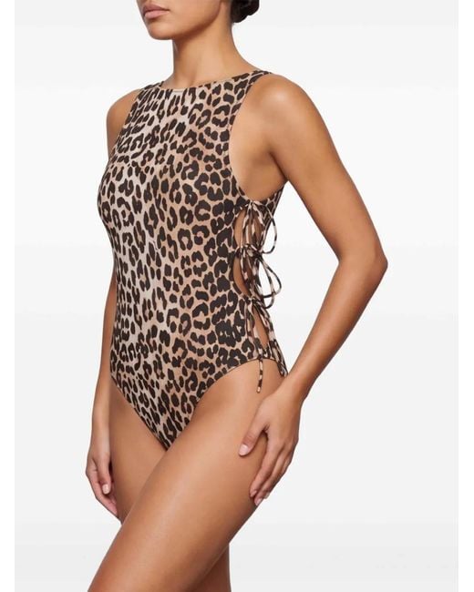 Ganni White Leopard-Print Side-Tie Swimsuit