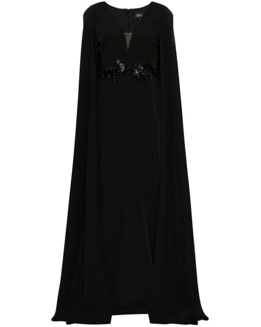 Marchesa Black Floral-appliqué Cape Gown