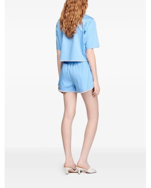 Sandro Blue Beaded Trim Cotton Shorts