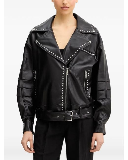 Fracomina Black Stud-Embellished Zip-Up Biker Jacket