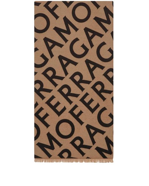 Ferragamo Brown Logo Intarsia-Knit Fringed Scarf