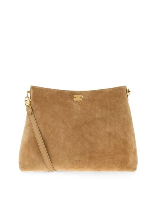 Dolce & Gabbana Natural Logo-Plaque Suede Shoulder Bag