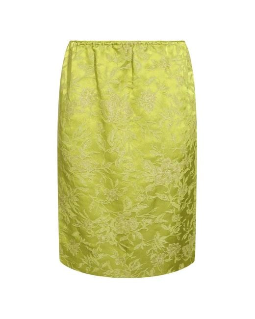 Saint Laurent Green Floral-Jacquard Side-Slit Midi Skirt