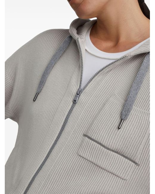Brunello Cucinelli Gray Ribbed Cotton Hoodie