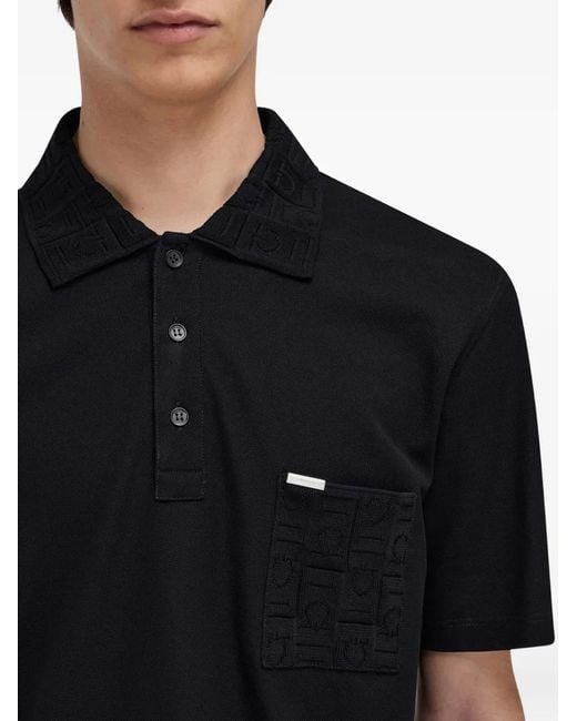 Ferragamo Black V-Neck Polo With Jacquard Pocket Detail for men