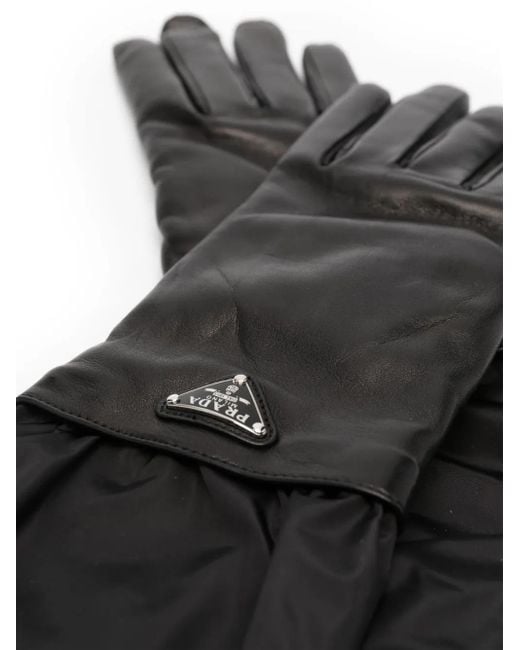Prada Black Enamel-Logo Leather Gloves