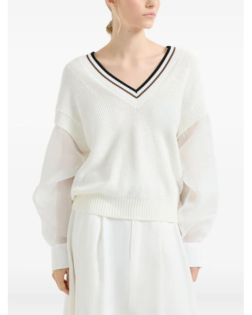 Brunello Cucinelli White Organza-Sleeves Sweater