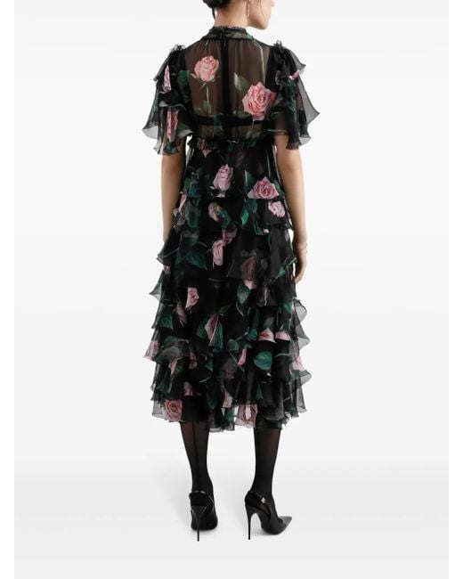 Dolce & Gabbana Black Floral-Print Midi Dress