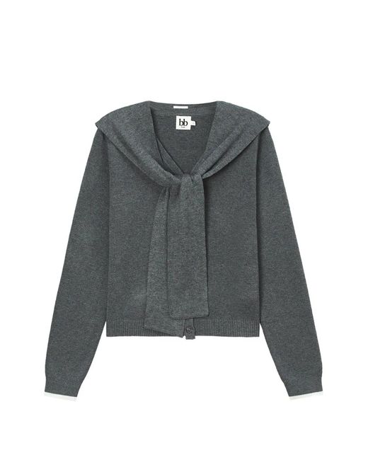 B+ AB Gray Sailor-Collar Contrast-Trim Cardigan