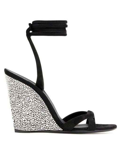 Giuseppe Zanotti Leather Crystal Embellished Wedge Sandals in Black - Lyst