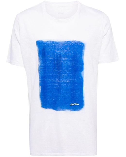 120% Lino Blue Paint-print Linen T-shirt for men