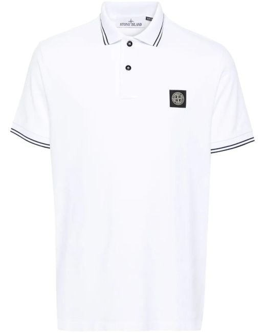 Stone Island White Slim Fit Ribbed Collar Polo With Contrasting Stripes for men