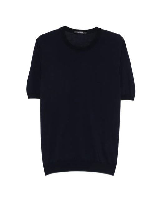Tagliatore Blue Short-Sleeved Sweater With Ribbed Edges For for men