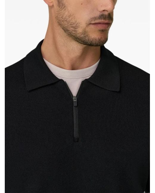 Boggi Black Knitted Polo Shirt Quarter-Zip Wool Blend Wooltech for men