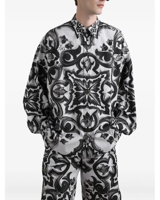 Camicia Con Stampa Maiolica di Dolce & Gabbana in Black da Uomo
