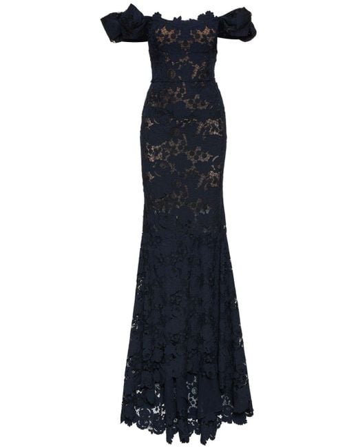 Oscar de la Renta Blue Mixed Botanical Guipure-lace Maxi Dress