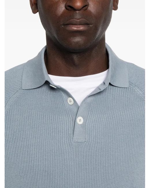 Brunello Cucinelli Blue Ribbed Long-Sleeve Polo Shirt for men