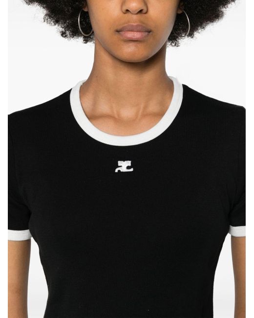 Courreges Black Logo-Patch-T-Shirt mit Kontrastbesatz