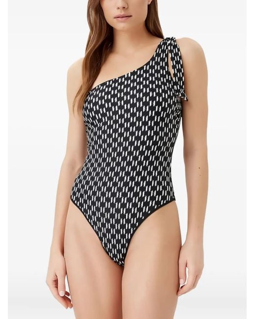 Karl Lagerfeld Black Monogram-Print One-Shoulder Swimsuit
