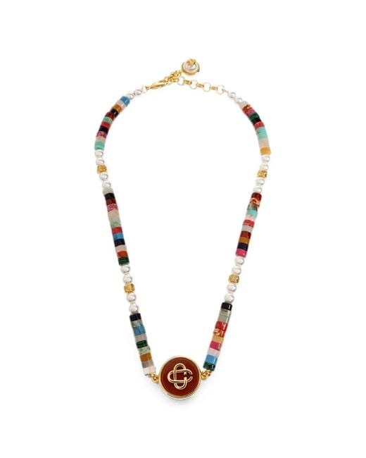 Casablanca Metallic Beaded Logo-Pendant Necklace