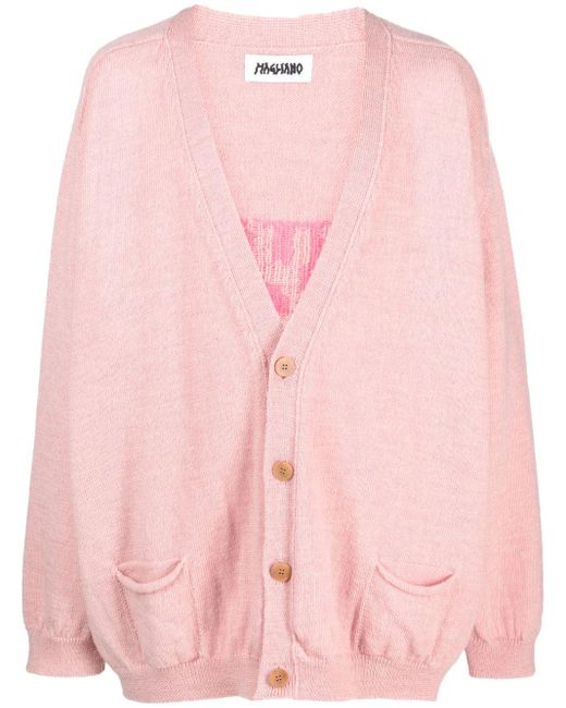 Magliano Intarsia-knit Logo V-neck Cardigan in Pink for Men | Lyst
