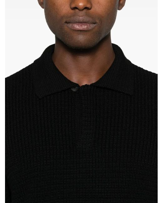 Tagliatore Black Ribbed-Knit Wool Polo Shirt for men