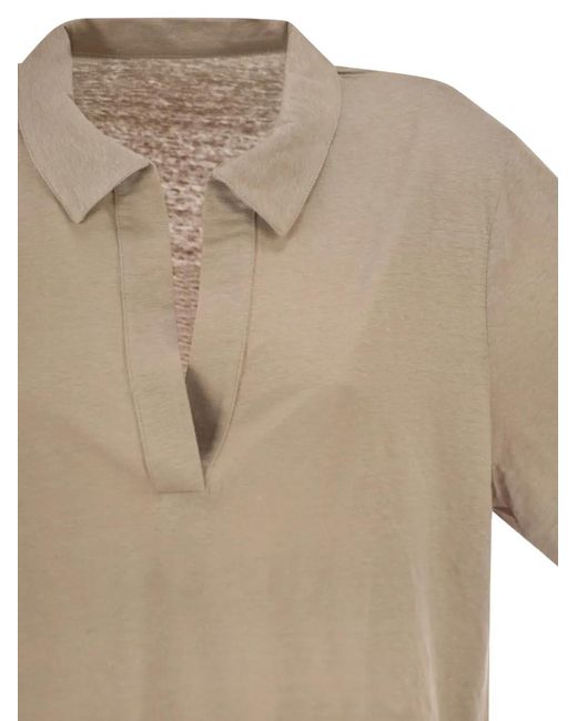 Majestic Filatures Natural Cropped V-Neck Polo Shirt