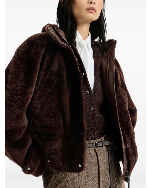 Brunello Cucinelli Brown Shearling Outerwear Jacket With Shiny Zipper Pull