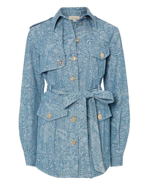 Temperley London Blue Floral-Print Belted Denim Jacket