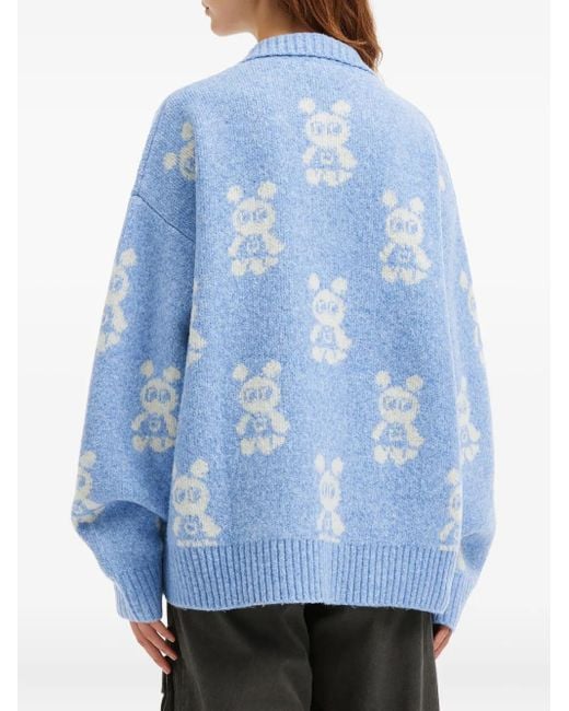 Mini Cream Blue Buttoned Bear-Pattern Cardigan