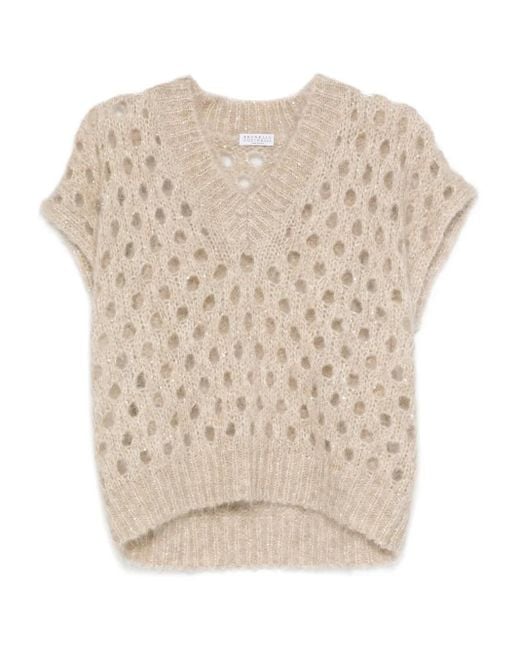 Brunello Cucinelli Natural V-Neck Open-Knit Vest