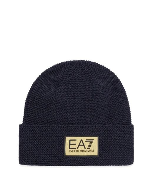 EA7 Blue Logo-Patch Beanie Hat