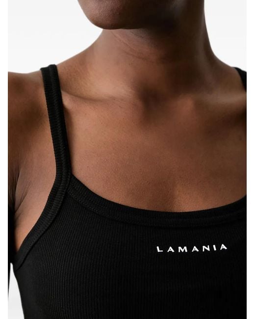 La Mania Black Ribbed-Knit Logo-Print Top