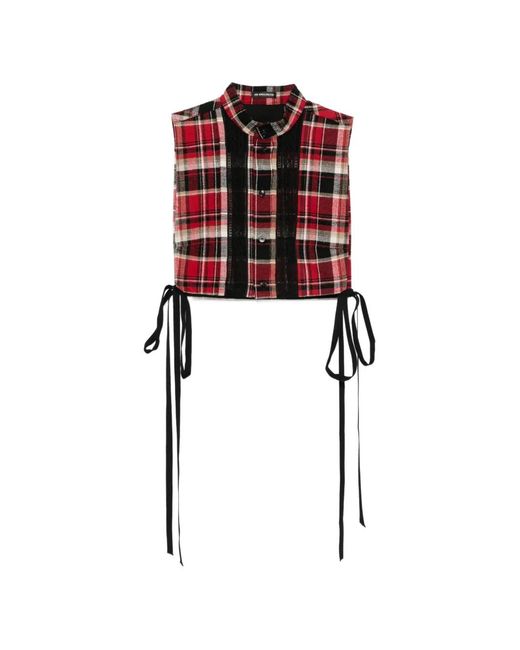 Ann Demeulemeester Red Lace-Trim Checked Top