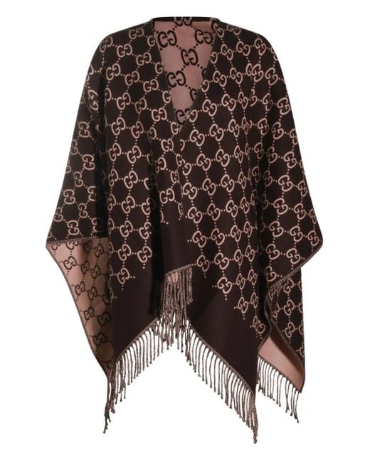Gucci Black Gg-Patterned Fringed Poncho