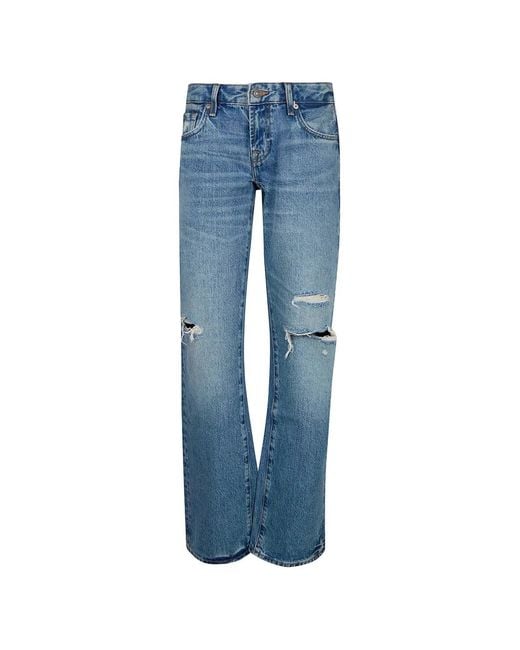7 For All Mankind Blue Low Straight Distressed Jeans