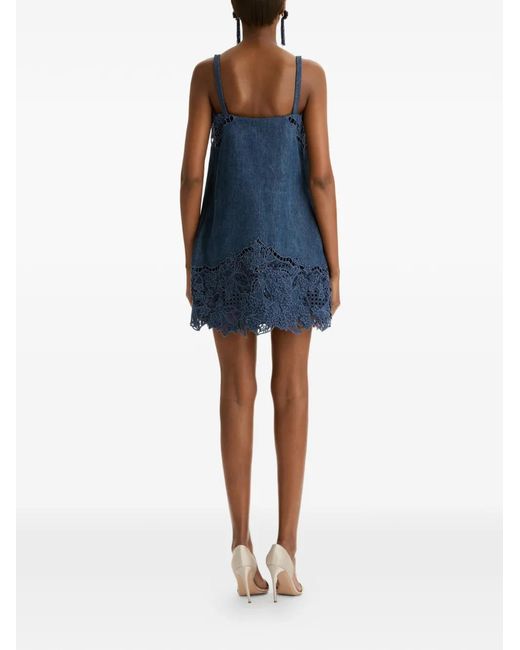 Oscar de la Renta Blue Porcelain-Flower Cutout Mini Dress