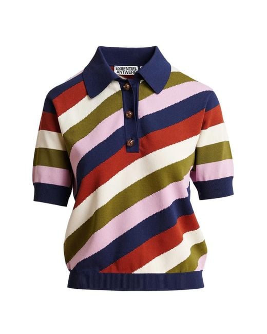 Essentiel Antwerp Blue Striped Fine-Knit Polo Top